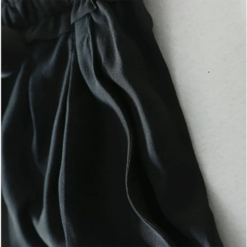 Women Long Pants 100% Mulberry Silk Belted Waist Trousers With Pockets Black Color Office Lady M0609
