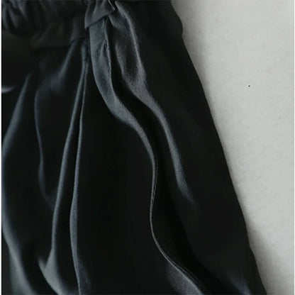 Women Long Pants 100% Mulberry Silk Belted Waist Trousers With Pockets Black Color Office Lady M0609