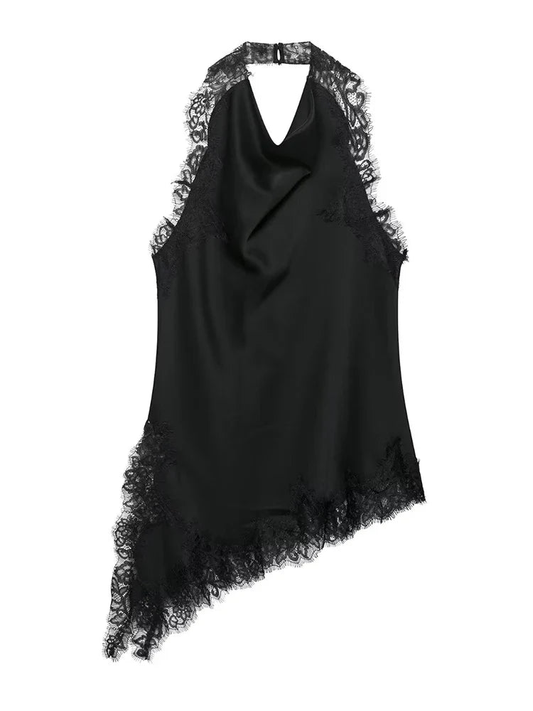 2026 Spring Women Backless Sexy Lace Splicing Halter Neck Top Summer Female Off Shoulder Asymmetrical Satin Camisole