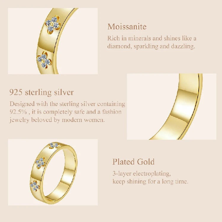 925 Sterling Silver Lucky Clover Moissanite Ring, Gold Plated D Color Round Cut Wide Band Ring for Women Wedding Gift
