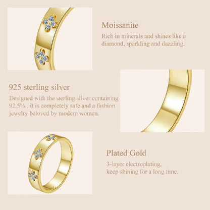 925 Sterling Silver Lucky Clover Moissanite Ring, Gold Plated D Color Round Cut Wide Band Ring for Women Wedding Gift
