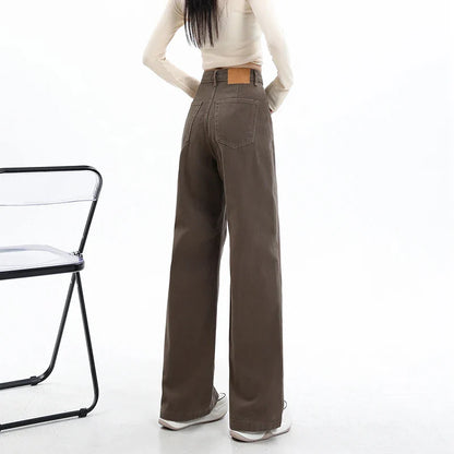 Y2k High Waist Female Clothing Solid Color Casual Wide Denim Trousers