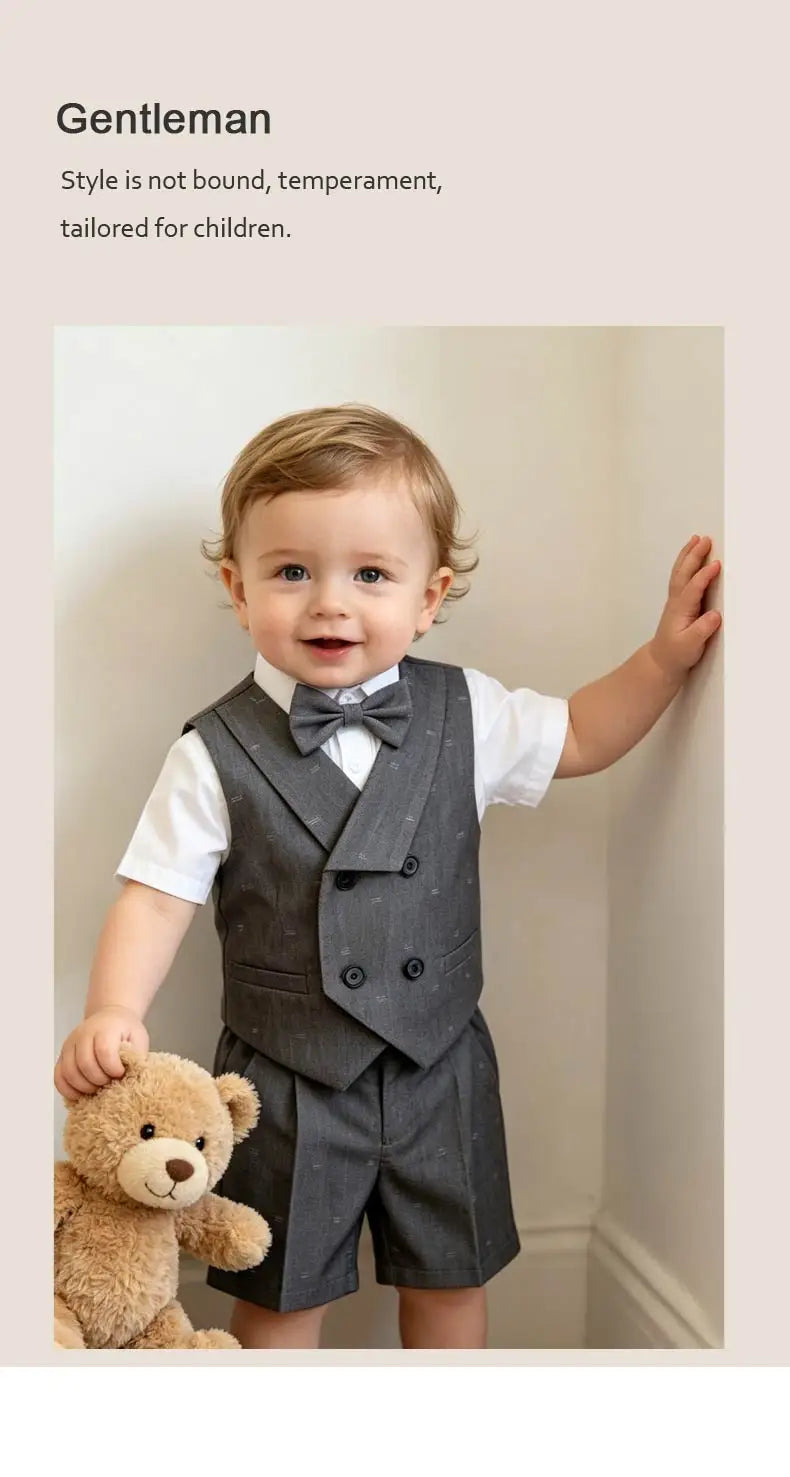 Kids Boys Formal Suit Set Denim Gray Vest Shorts Bowtie 3PCS Wedding Birthday Party Gentleman Outfit for Toddler 1-8Yrs Clothes