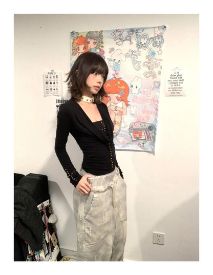 Y2k Japanese T Shirt Women Black Rivet Punk Tops Swing Collar Streetwear Two Pieces Tops American Retro 90s Tshirts