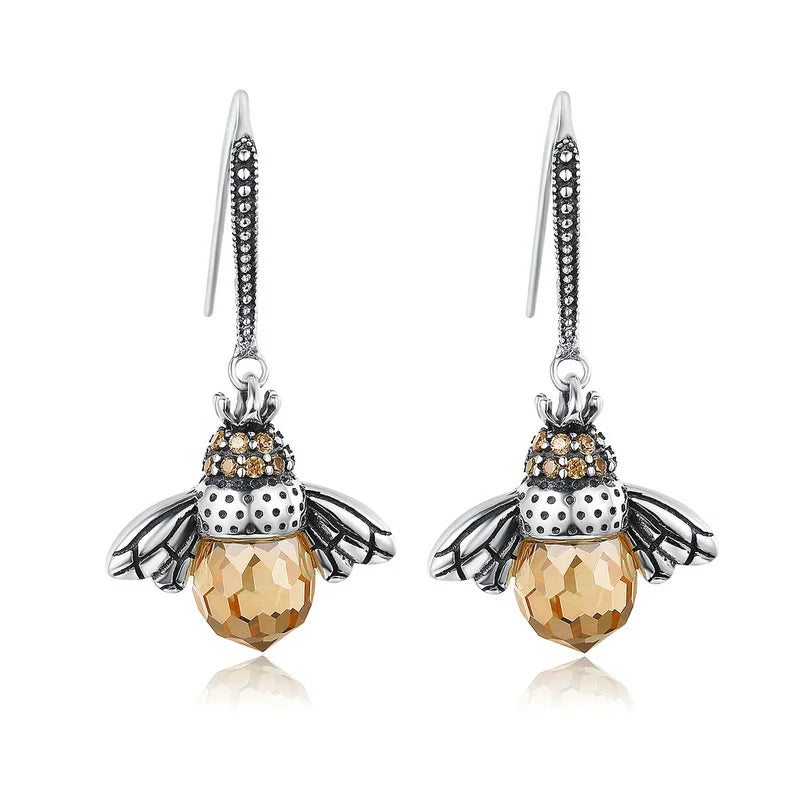 Hot Sale 925 Sterling Silver Yellow Bee Drop Earrings for Women Lovely Insect Earrings Fine Jewelry Gift SCE149