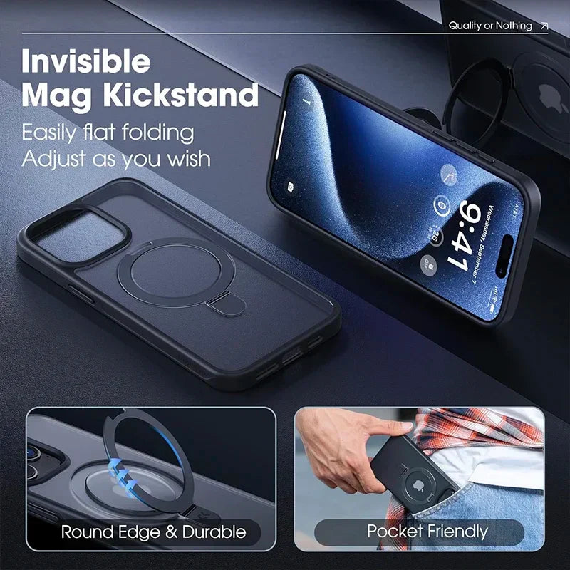 Magnetic Phone Case with Ring Stand for iPhone 17 16 15 Pro Max Case 14 Plus 13 12 11 Mobile Cases Matte Slim Back Cover