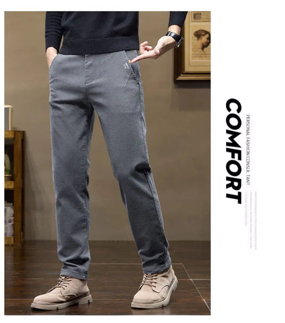 Winter Thicken Men's Solid Slim Straight Casual Pants Business Classic Fleece Trousers Male Warm Plaid Elasticity Pants