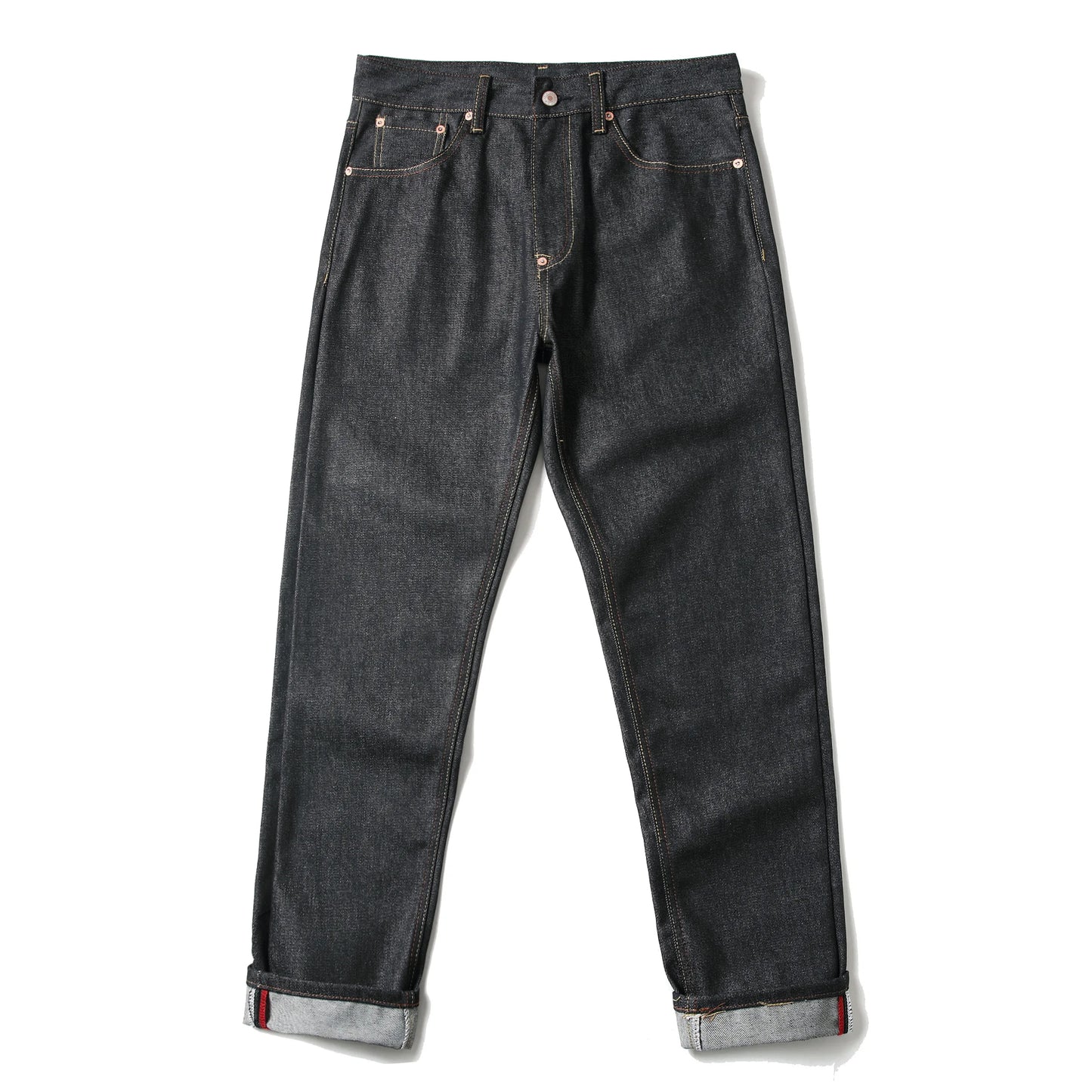 Men's Japanese Handmade Embroidered Cotton Jeans Straight Tube Slim Fit Hip-Hop Trousers Red Ear Detail Devil Big M Golden Text