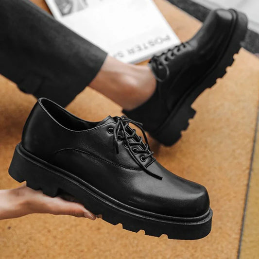Men's Formal Shoes with Flat Heel Low Top Lace-up Solid Color Thick Sole Unique and Fashionable New Style Leather Shoes