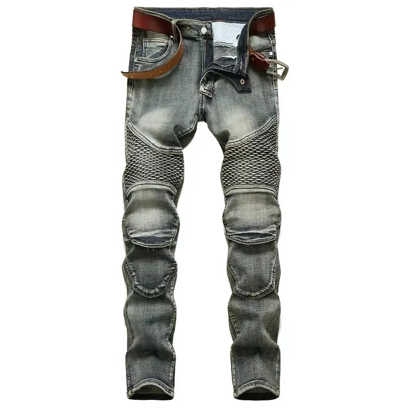 Calça Jeans Masculina Nova Casual Moto Hip Hop Rua Equitação Elástica Slim Reta Patchwork Moda Calças Jeans Masculinas