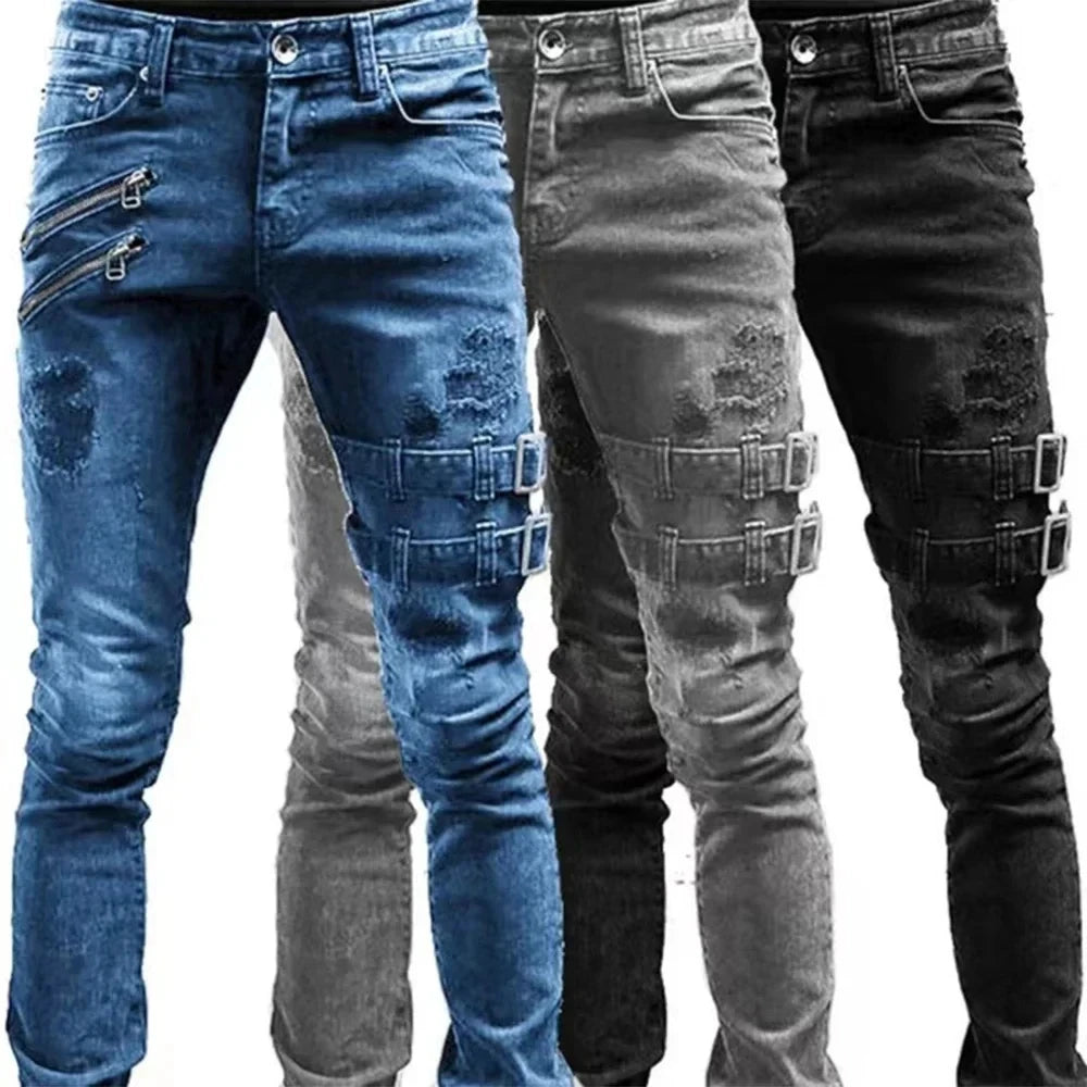 New retro thigh double zipper straight leg jeans men's zipper hole street wear punk tight denim work pants pants Y2K clothing