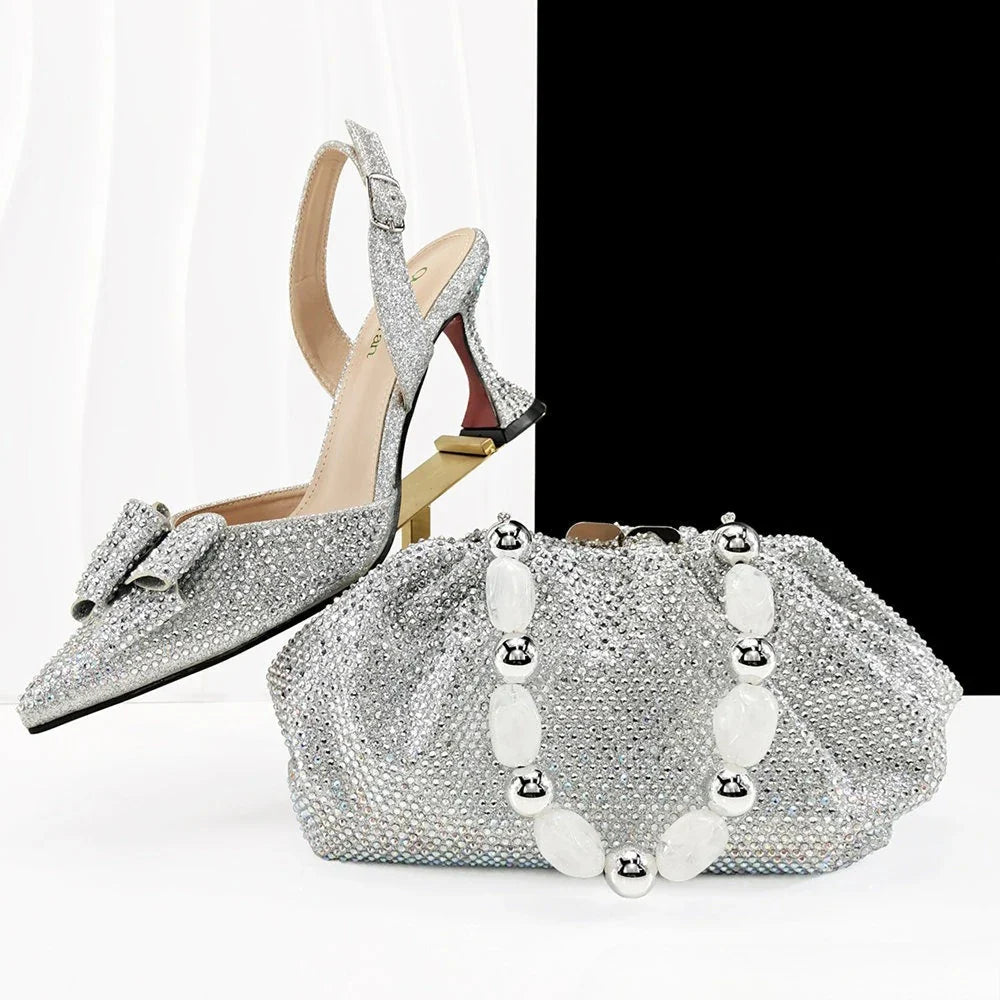 Fashion Newest Full of Rhinestone Design Olive Color Lady Sheos and  Metal bead-embellished handbag Set for Parrt Wedding