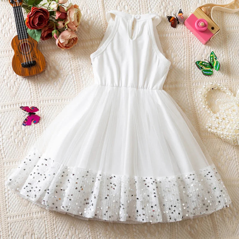 Girl Party Princess Dress Summer Sequin Tulle Dress Elegant Party Red/Pink/White Dresses 3-7Y for Wedding Birthday Holiday Gift