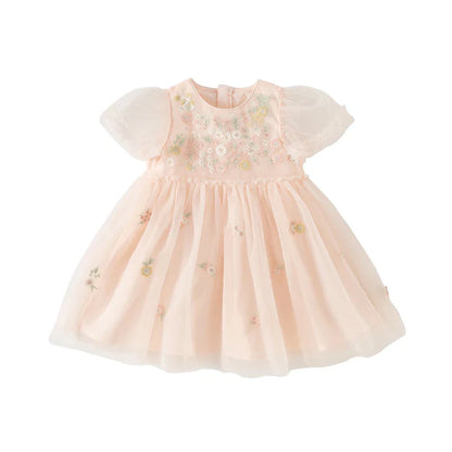 Children's Princess Dress for Girls 2025 New Summer Floral Puff Sleeves Mesh Charm Noble Cute Sweet Party DB2240549
