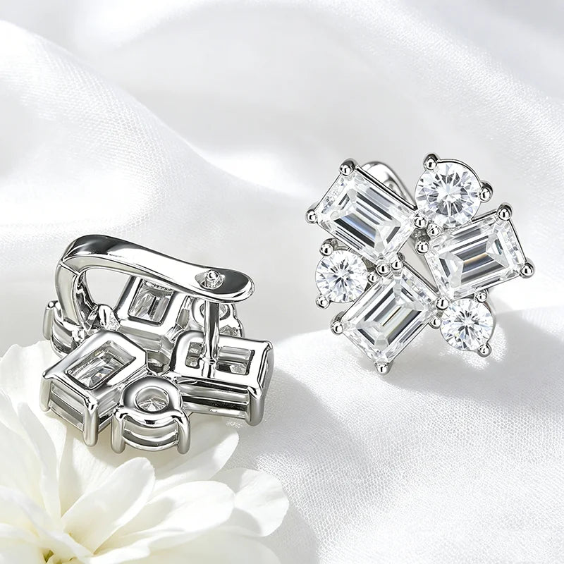 Emerald Cut All Moissanite Stud Earrings for Women Luxury Wedding Bridal Jewelry Halo Earring 100% S925 Sterling Silver
