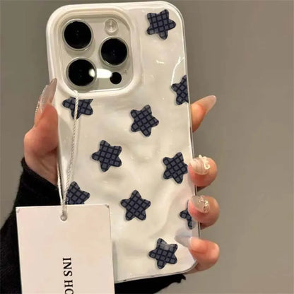 Cartoon Black Checkered Star Pattern Korean Phone Case for IPhone 16 17 Air 15 14 13 12 11 Pro Max Plus Shockproof Soft Cover