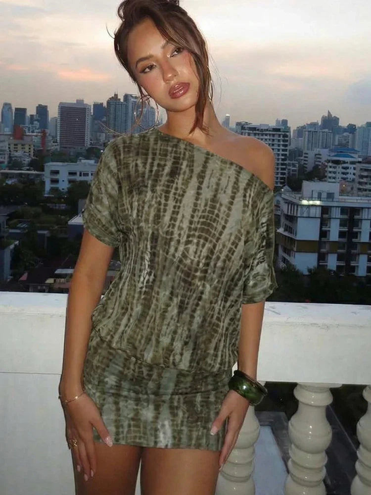 Tie Dye One Shoulder Mini Dress Women Summer Backless Bandage Bodycon Short Dress Club Outfits Female Vestidos