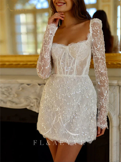 Short Beading Wedding Dress Customized Long Sleeve Evening Gown Mini Skirt Backless Formal Party Dresses