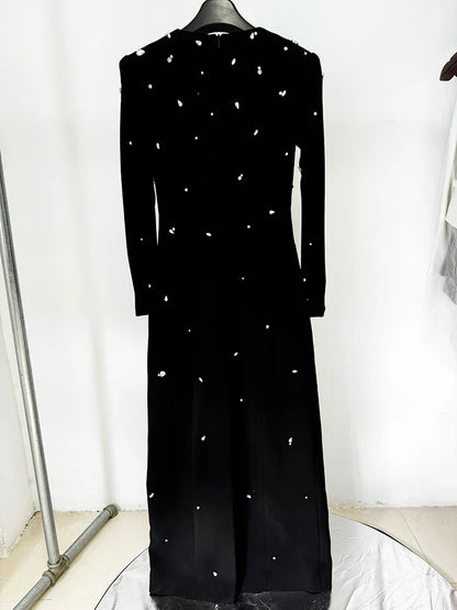 Designer Fashion Women's Rhinestone Diamonds Beaded Long Maxi Dress