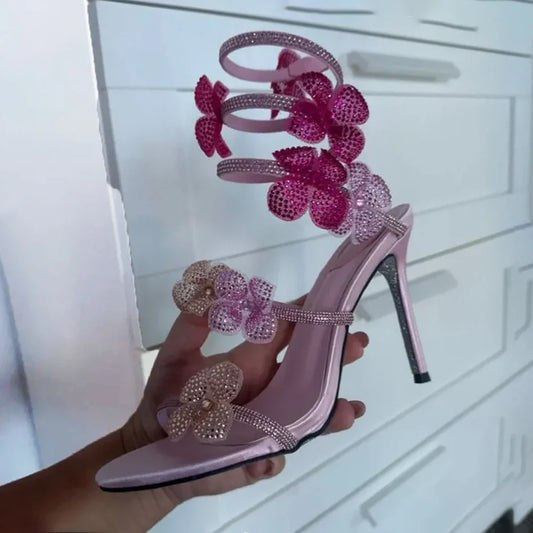 Luxury Designer Pink Flower Rhinestone High Heels Sandals Shoe Sexy Wrap Strap Open Toe Stripper Prom Party Ladies Shoes
