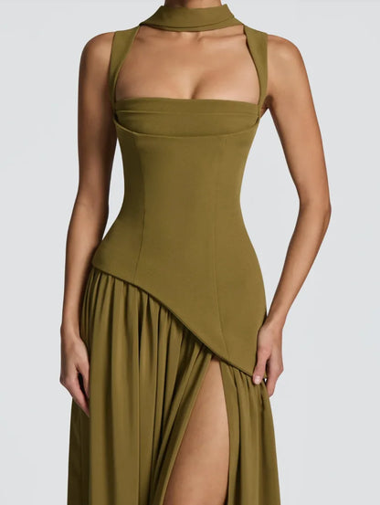Summer Elegant Olive Green Maxi Dress for Women Flowy Long Dress with Scarf Birthday Party Beach Graduation dress