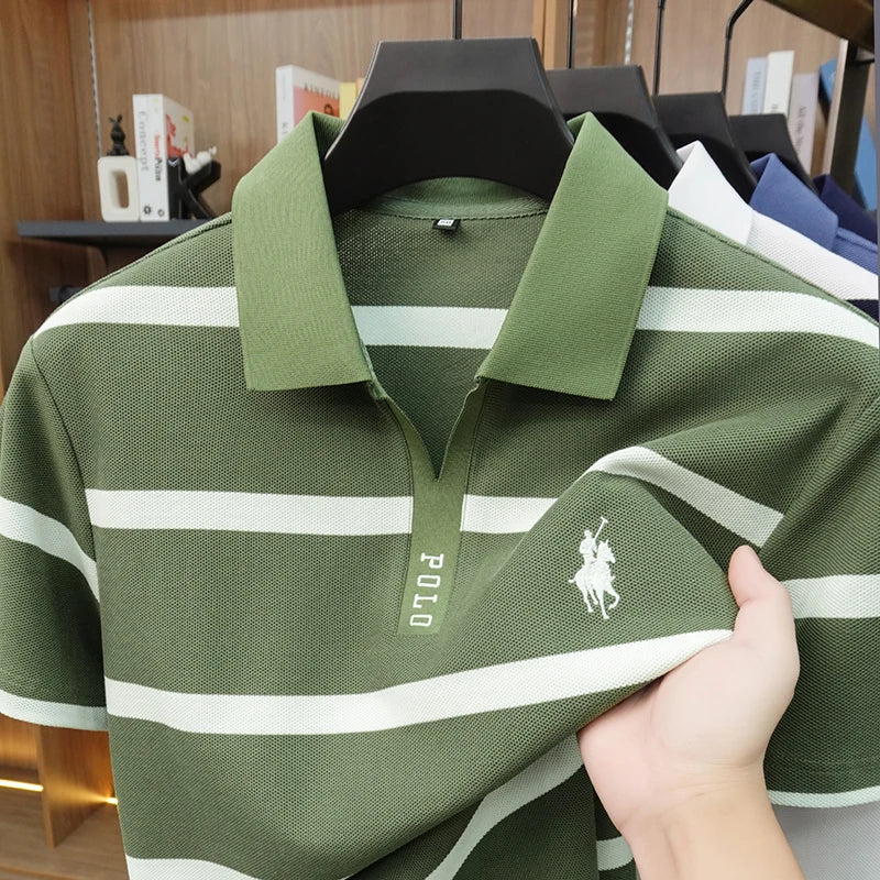 2026 New Summer Men's Striped Polo Shirt with Collar and Short Sleeve Casual T-shirt for Men