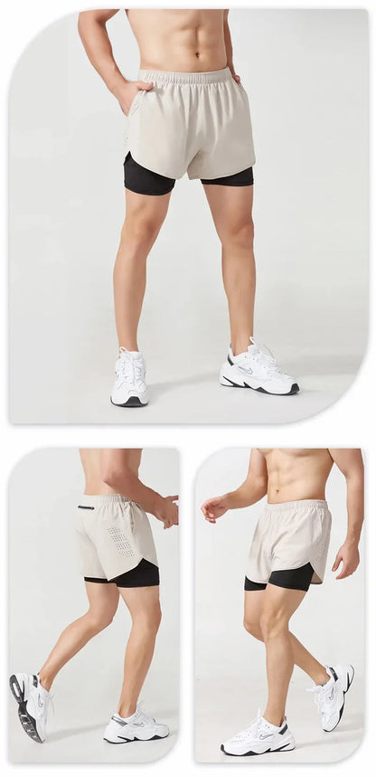 Men Fitness Built-in pocket sports Shorts Summer 2 In 1 Quick Dry Gym Beach shorts Running Double-deck Shorts Outdoor sweatpants