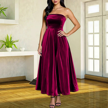 Women's Elegant Party Dresses Strapless Backless Velvet Long Dress Fashion Retro Dress Female Evening Dresses Vestidos Largos