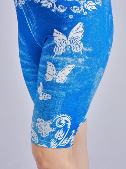 Lmitation Denim Leggings For Women Butterfly Waist Fruit Flower Elastic Shorts High Waist Casual