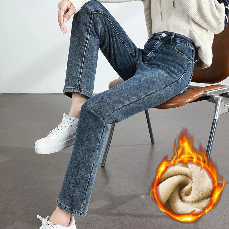Calça Jeans Feminina Inverno Fleece Quente Reta Slim Elástica Algodão Grosso Quente Denim Moda Roupa Feminina