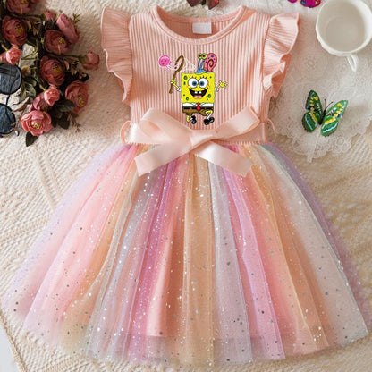 Sweet Girls Flying Sleeves Bow Sequin Dress Kids Baby Girl Birthday Party Fluffy Tutu Princess Dress 1-5Y