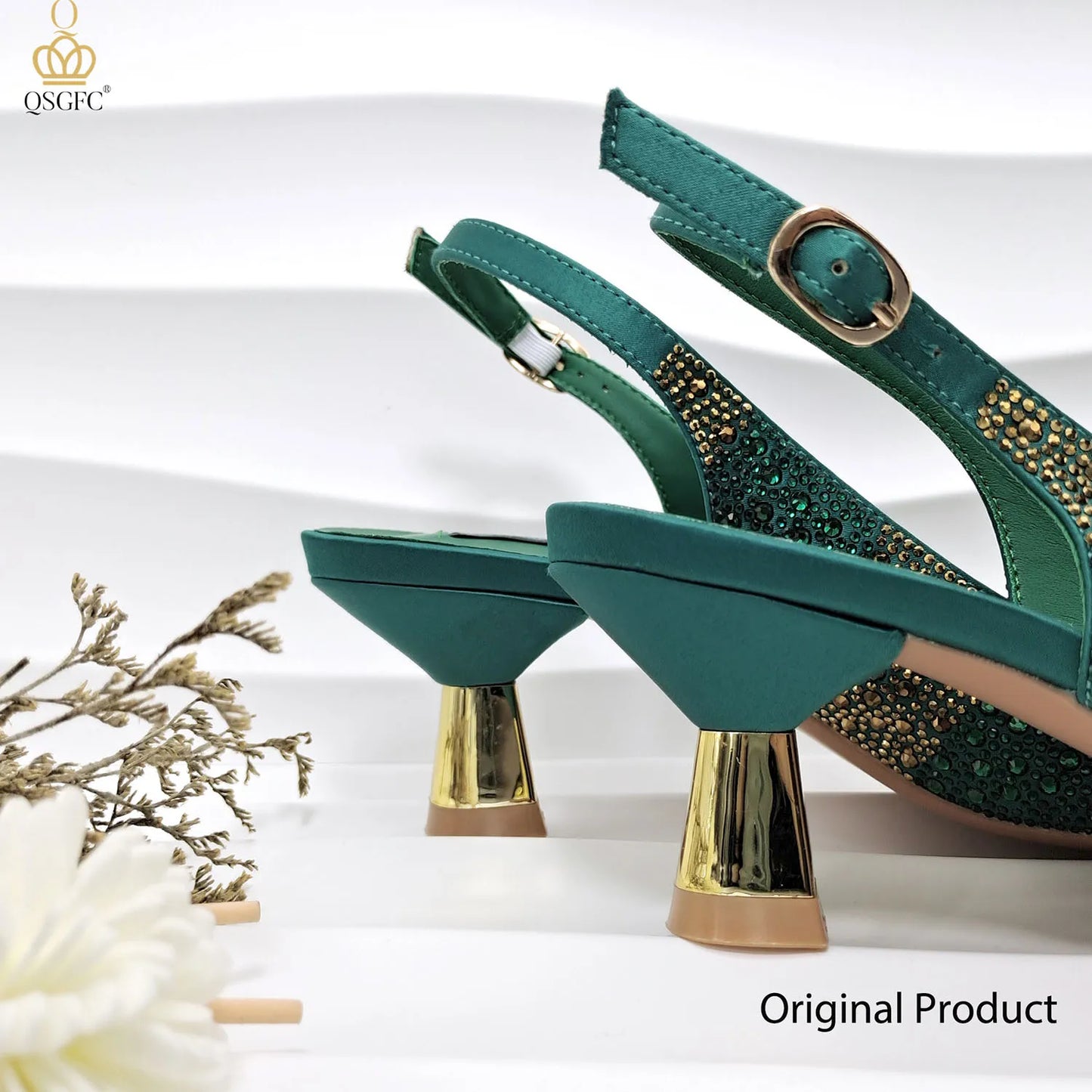 Nigerian Women Heel Ladies Italian Luxury Design Green Shoes And Bag Set Decorated with Rhinestone Handbag Wedding Party
