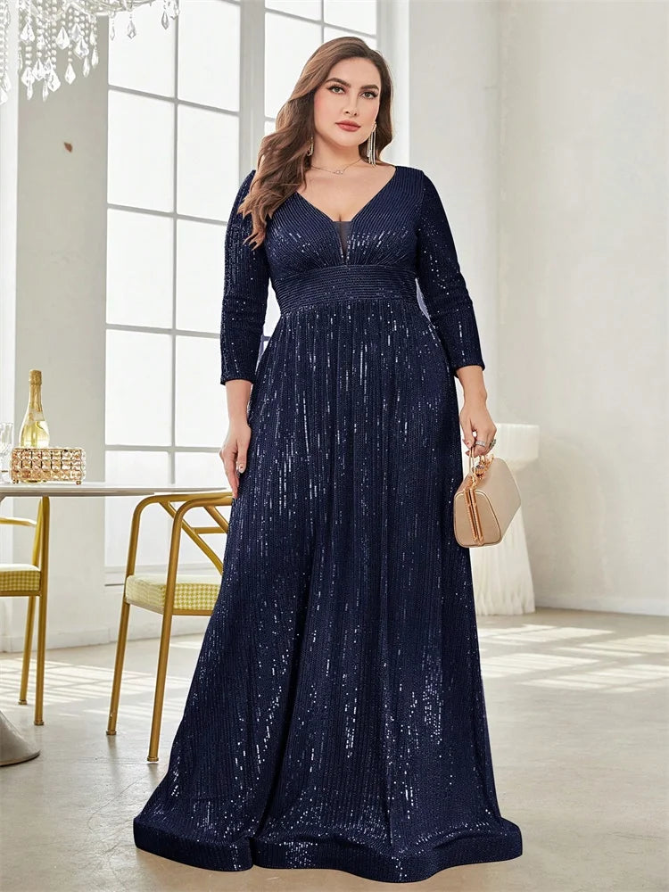 Plus Size Luxury V-Neck Long Sleeves Sequins Evening Dress For Women 2024 Wedding Party Prom Maxi Cocktail Bridesmaid Gowns