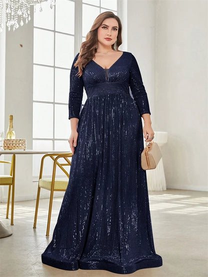 Plus Size Luxury V-Neck Long Sleeves Sequins Evening Dress For Women 2024 Wedding Party Prom Maxi Cocktail Bridesmaid Gowns