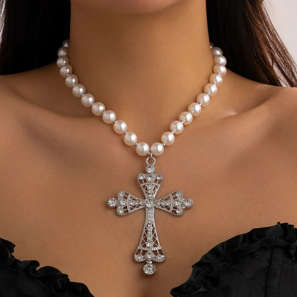 IngeSight.Z Trendy Goth Large Cross Pendant Necklace Elegant Charming Imitation Pearl Woman Choker Y2K Neck Jewelry Accessories