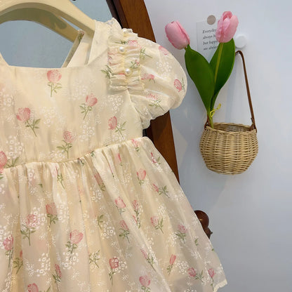 New Summer Princess Girls Dress Full Print Roses Flowers Pearl Inlay Decoration Puff Sleeve Bow Mesh Tutu Party Dresse For Kids