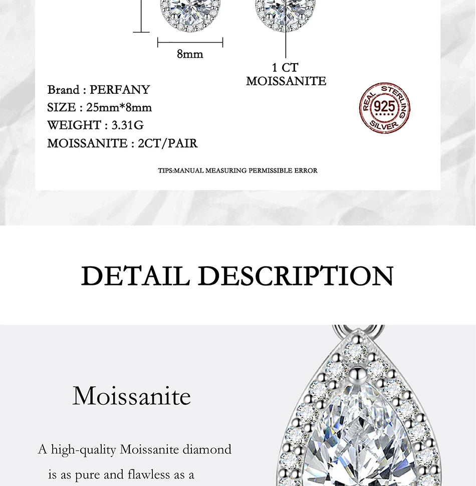 1CT Pear Cut Moissanite Earrings for Women S925 Pure Silver Laboratory Cultivated Diamonds Elegant Wedding Jewelry