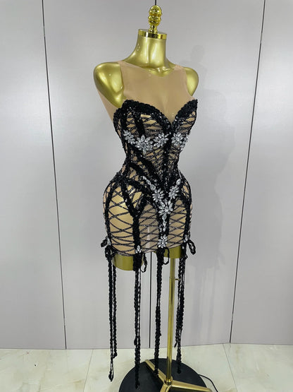 Sparkle Sequins Embroider Sparking Diamonds Long Tassel Sleeveless Mini Dress Women Red Carpet Goddess Stage Performance Costume