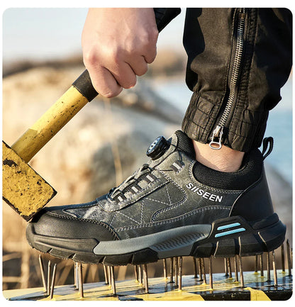Men's Steel-Toed Safety Shoes With Anti-Crush, Anti-Puncture And Anti-Slip Soles, Fashionable Button Industrial Work Shoes