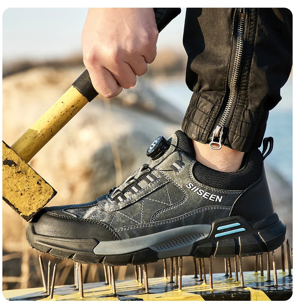 Men's Steel-Toed Safety Shoes With Anti-Crush, Anti-Puncture And Anti-Slip Soles, Fashionable Button Industrial Work Shoes