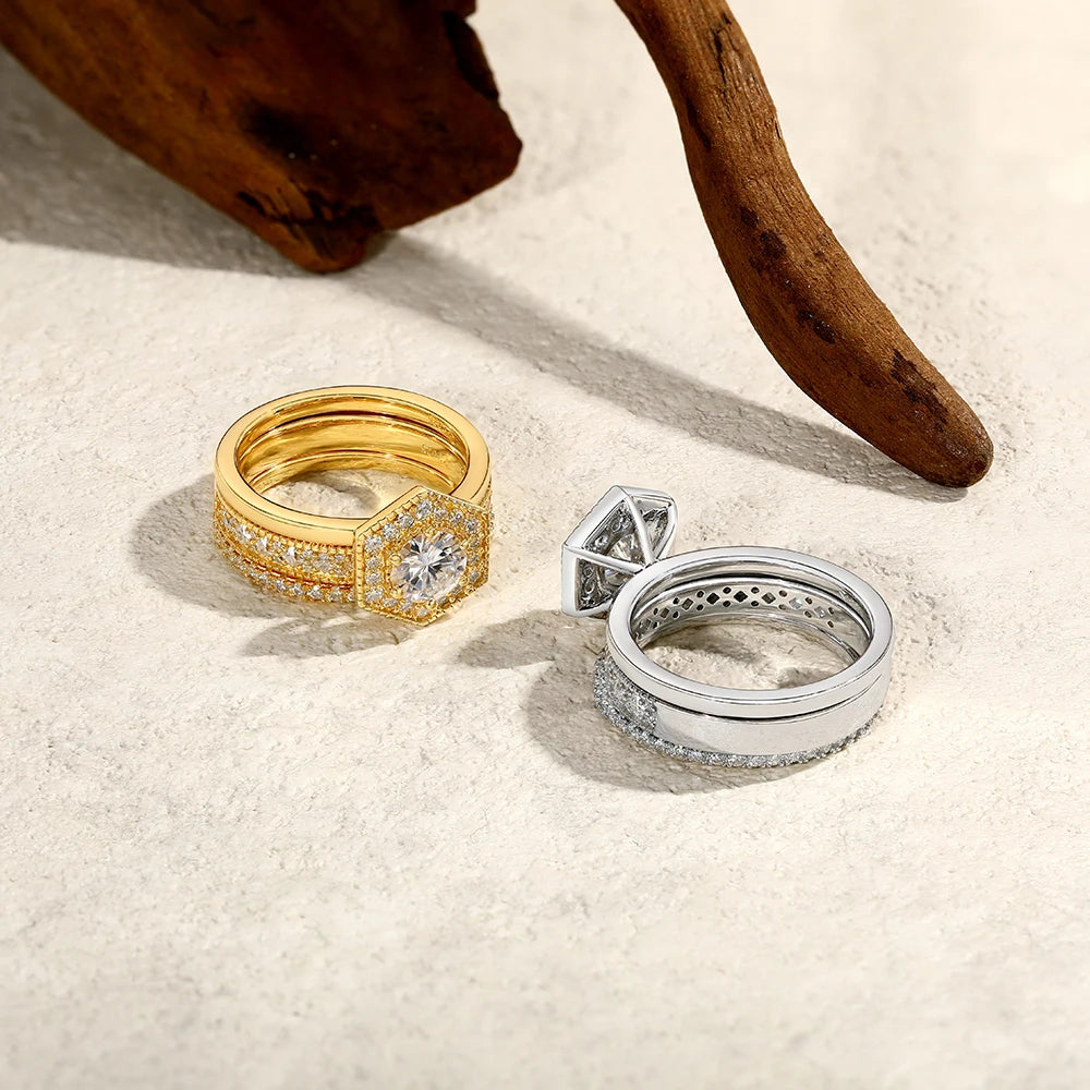 Original Round Cut 6mm Moissanite 3pc Rings Set 925Sterling Silver Luxury Engegament Wedding Women‘s Ring Fine Jewelry