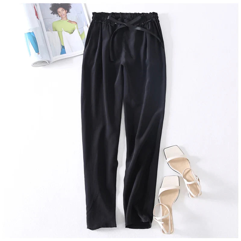 Women Long Pants 100% Mulberry Silk Belted Waist Trousers With Pockets Black Color Office Lady M0609