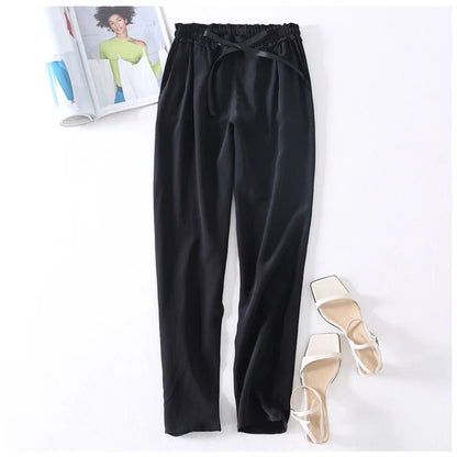 Women Long Pants 100% Mulberry Silk Belted Waist Trousers With Pockets Black Color Office Lady M0609