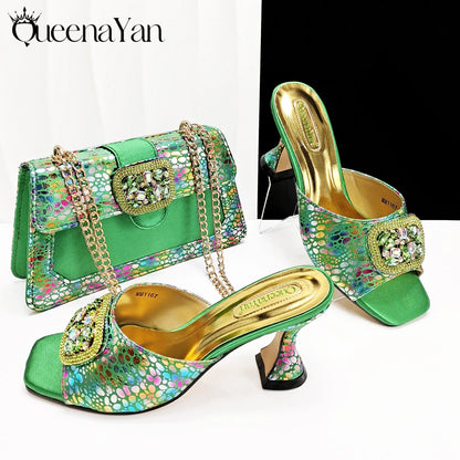 Fashion Newest Arrival Orange Color Square Toe Women Sandals Shoes Matching Bag Set for Ladies Wedding Party Pump