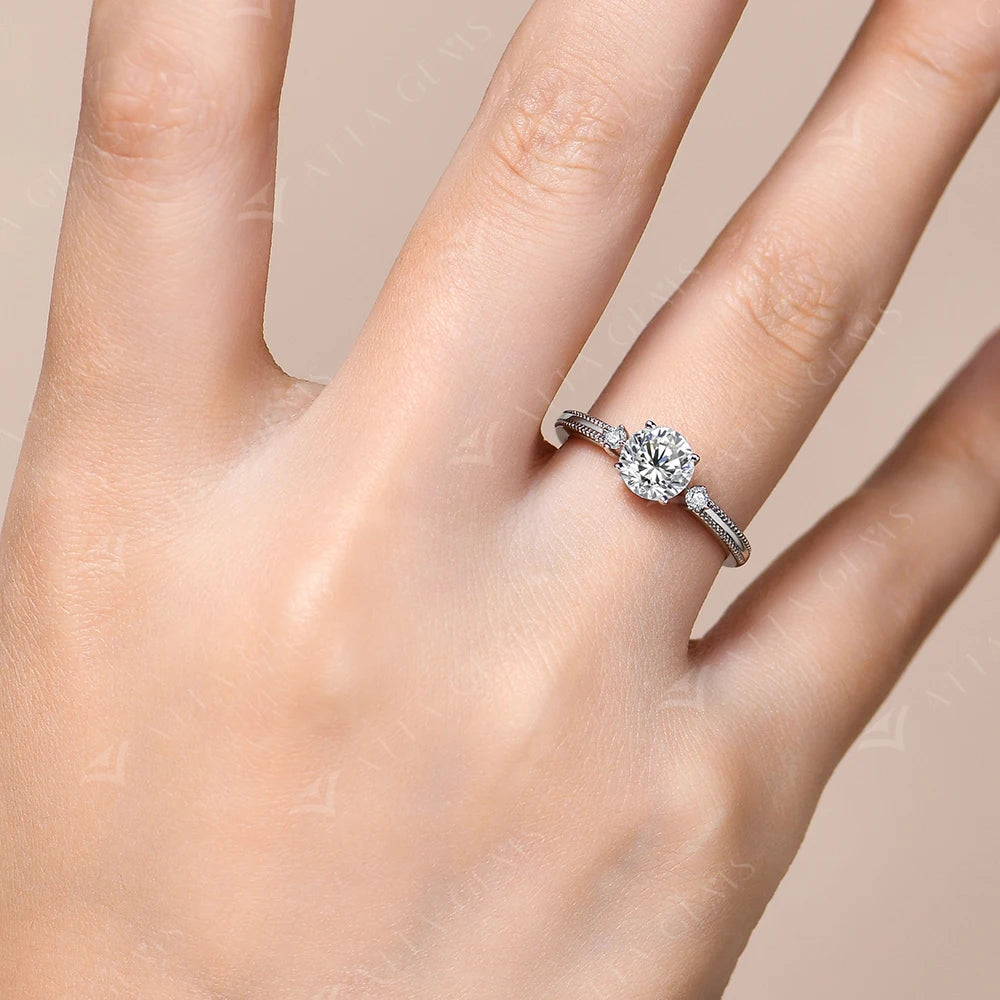 1CT 6.5mm Round Cut Moissanite Ring for Women 925 Silver 18K Gold Plated Bead Edge Design Engagement Party Jewelry Gift
