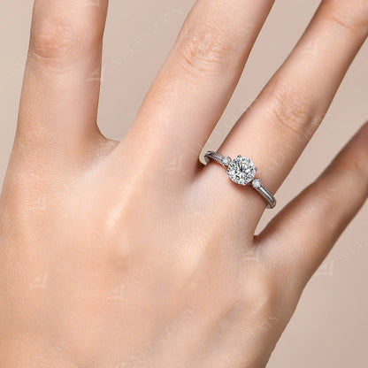 1CT 6.5mm Round Cut Moissanite Ring for Women 925 Silver 18K Gold Plated Bead Edge Design Engagement Party Jewelry Gift