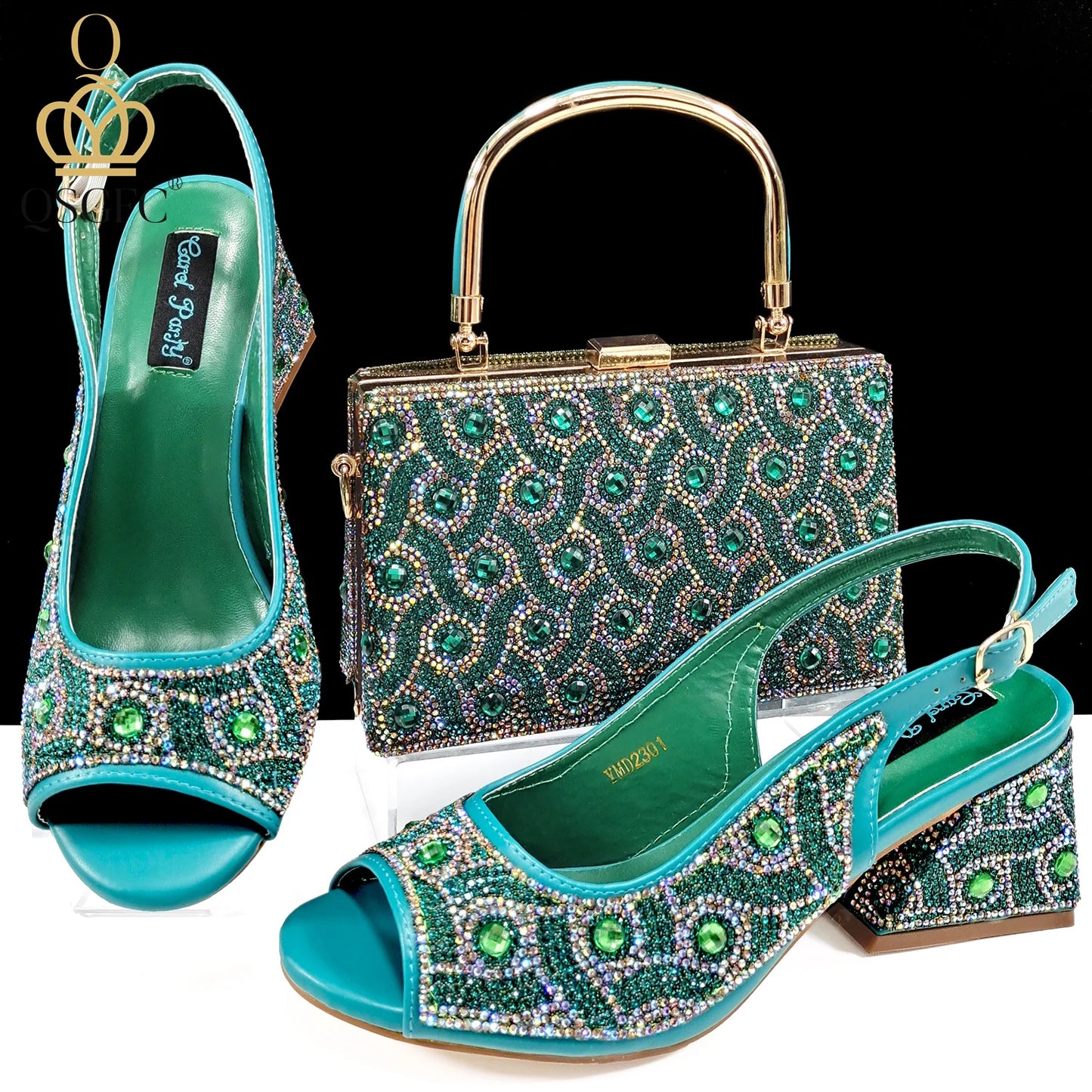 Q Rhinestone Design INS Hot Sale New Arrivals African Shoes and Bag Set in Green Color Open Toe Comfortable Women Heels