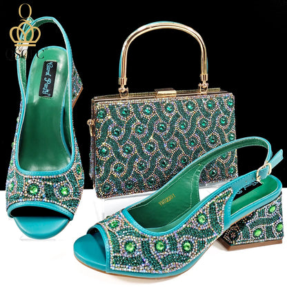 Q Rhinestone Design INS Hot Sale New Arrivals African Shoes and Bag Set in Green Color Open Toe Comfortable Women Heels