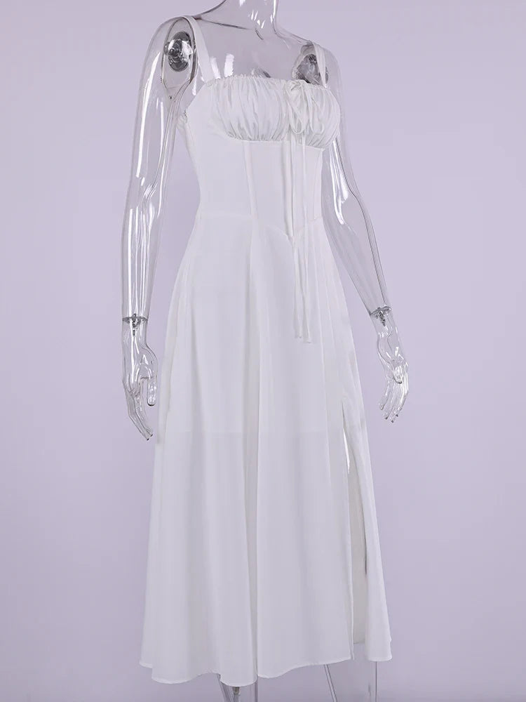 Summer Sweet Solid Sleeveless Long Dress Women Fashion Bandage Camisole Dresses Padded Boned Robe Elegant Party Vestidos