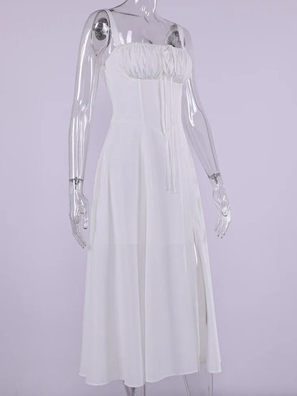 Summer Sweet Solid Sleeveless Long Dress Women Fashion Bandage Camisole Dresses Padded Boned Robe Elegant Party Vestidos
